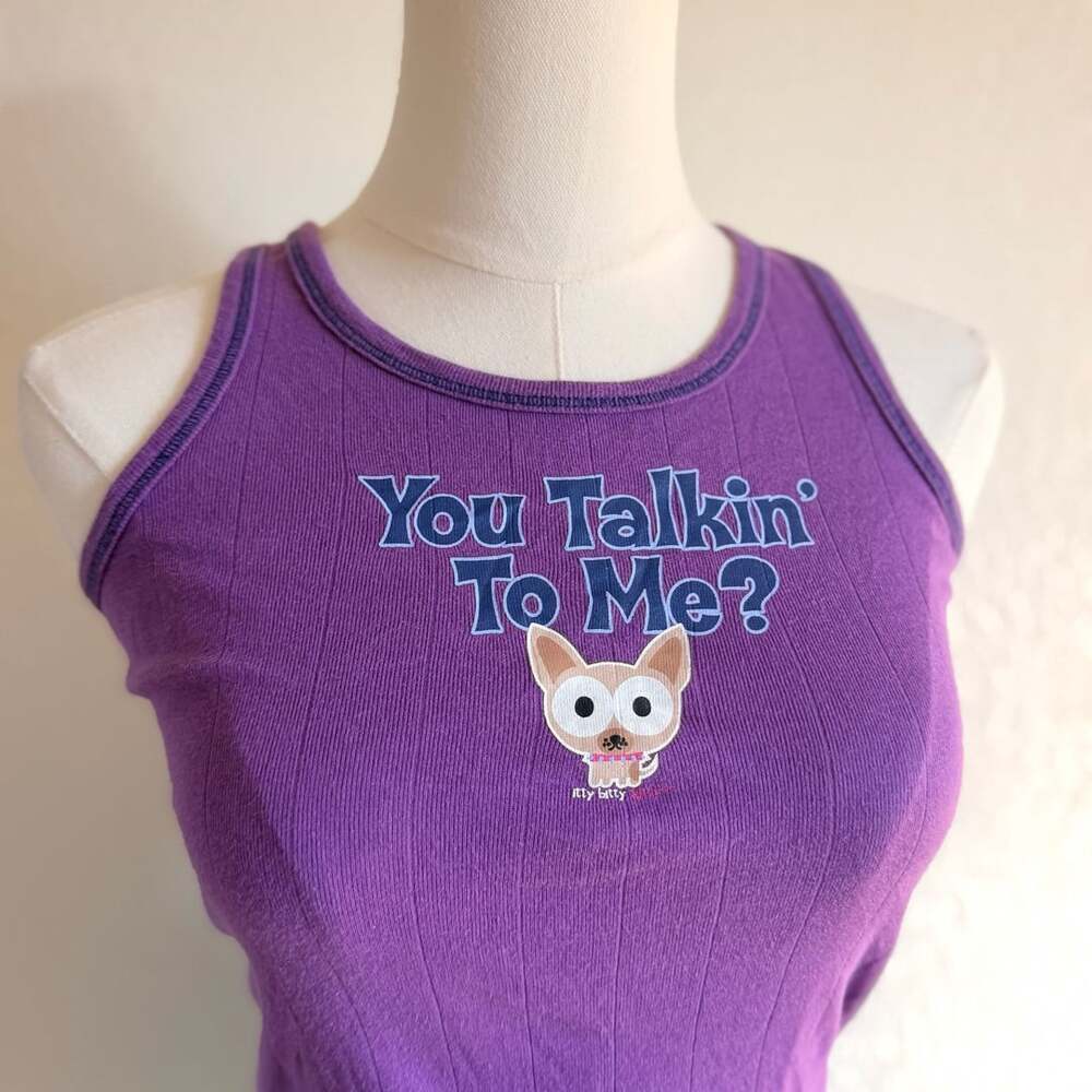 Itty Bitty Kitty Tank Top Size S Purple Graphic Ribbed Y2K